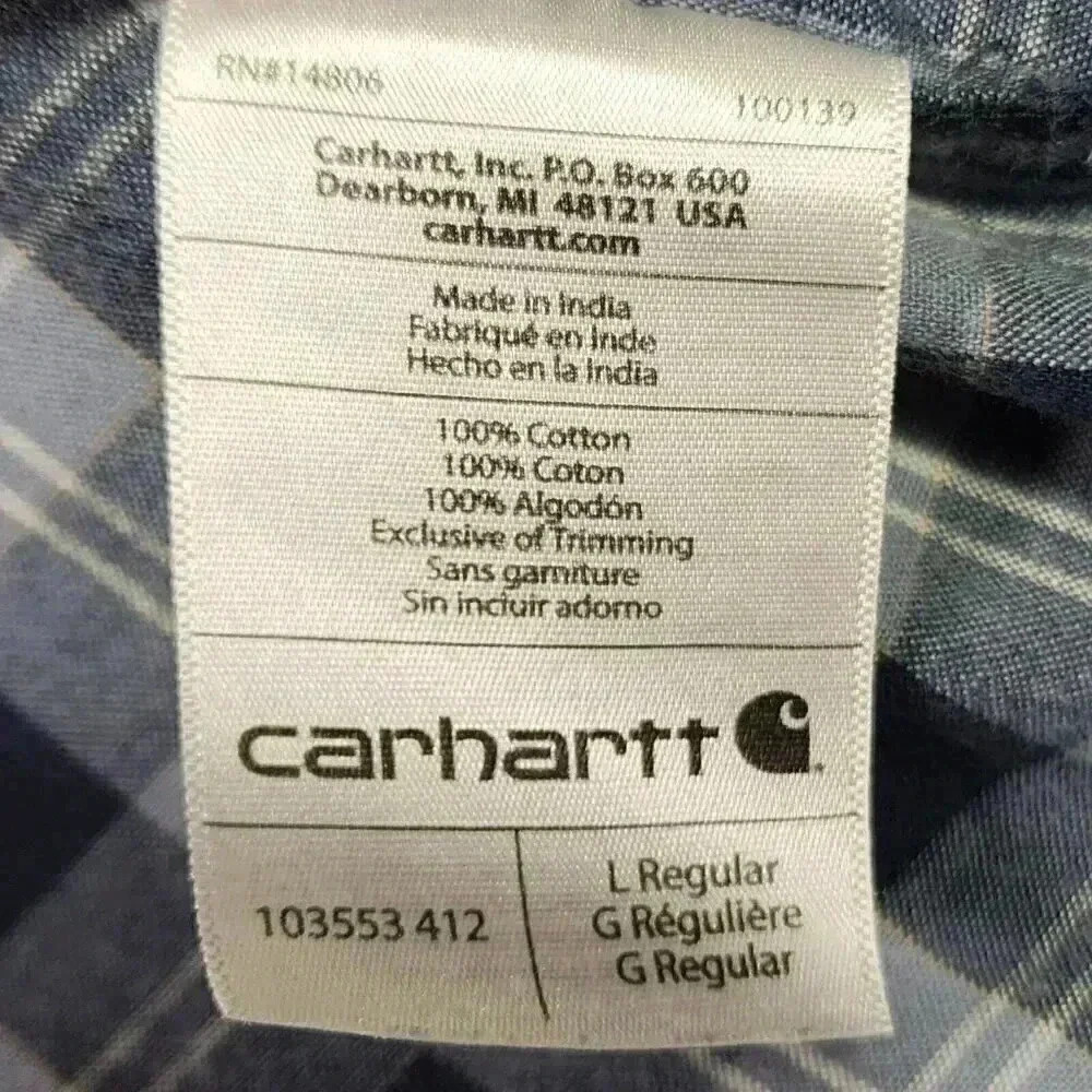 Carhartt Men's Loose Fit Midweight Shirt Large Short Sleeve Blue Plaid Button Up - Picture 14 of 15